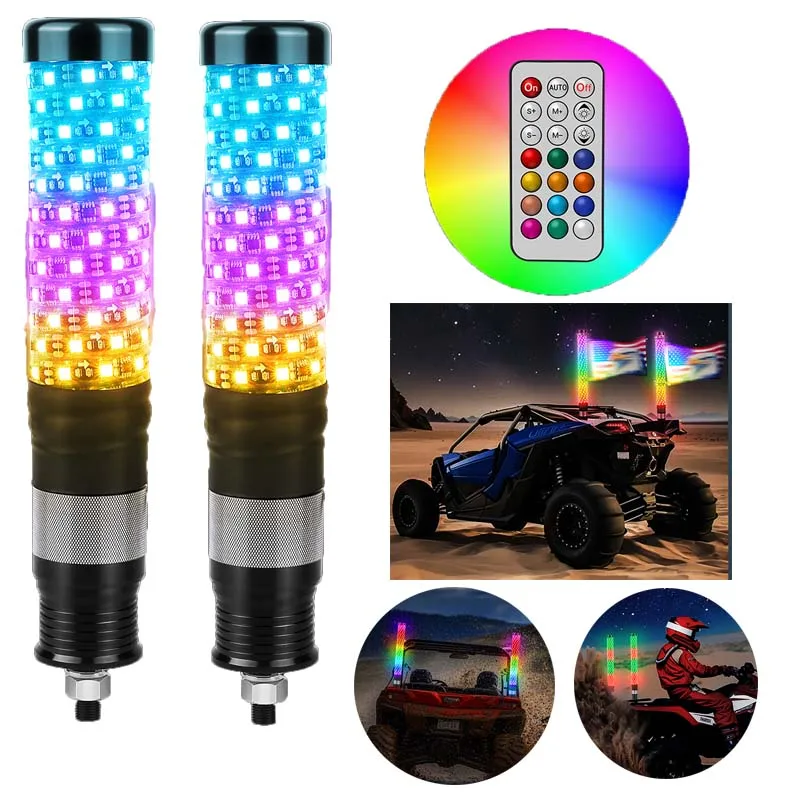 MICTUNING 2PCS 1FT LED Whip Light With Remote Control,RGB+IC Chasing Colors Flag Lights,360° Spiral Pattern For UTV ATV Boat