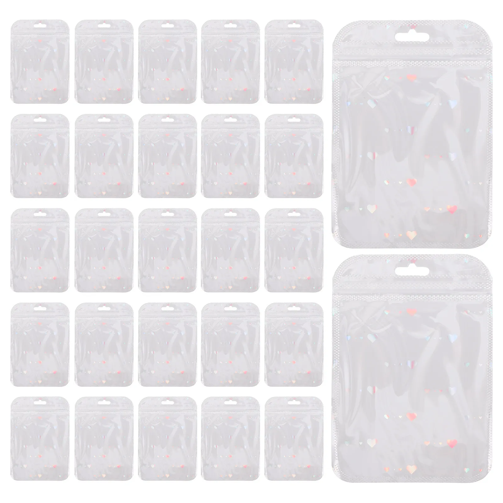 50Pcs Holographic Heart Pattern Self-Sealing Zip Bags Clear Window Resealable Pouches for Jewelry Packaging Candy Favors Cards