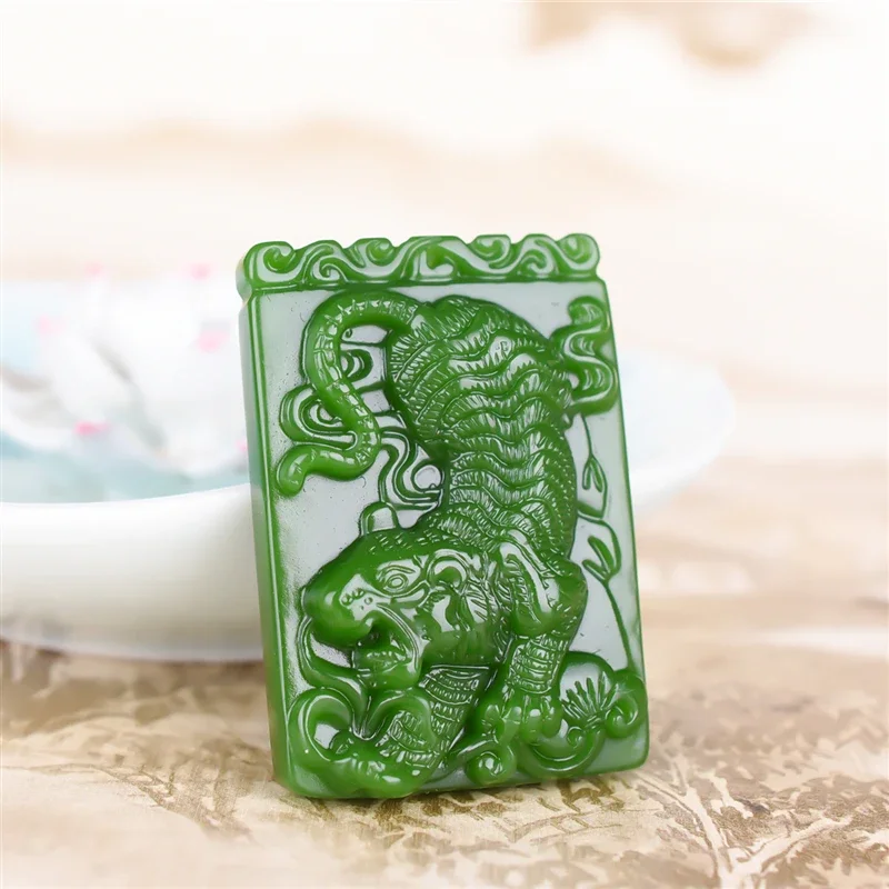 Natural GreenHand-Carved  Tiger  Pendant Tiger Jade Pendant Tiger Jade Pendant Spinach Green Jade Brand