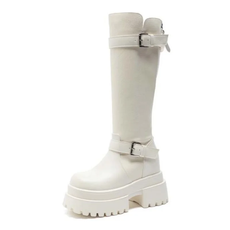 

Women 10cm Knee High Boots Genuine Leather Zip Comfortable Platform Wedge Heel Booties Sexy Motorcycle Casual Shoes 34-40