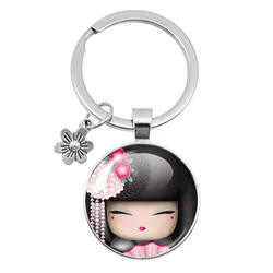 Cute Japanese Girl Face Keychain Kokeshi Kimono Doll Pattern Glass Cabochon KeyChains Flower Accessories Charm Jewelry Gift