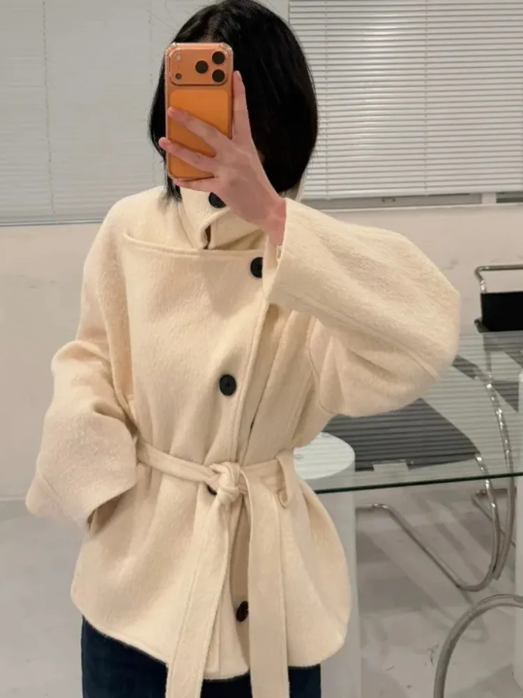 Briti Sle مزدوجة الصدر لون نقي معطف صوفي المرأة شتاء جديد صغير الحجم مربوط تريكو علوي Faionable الشارع Sle #3