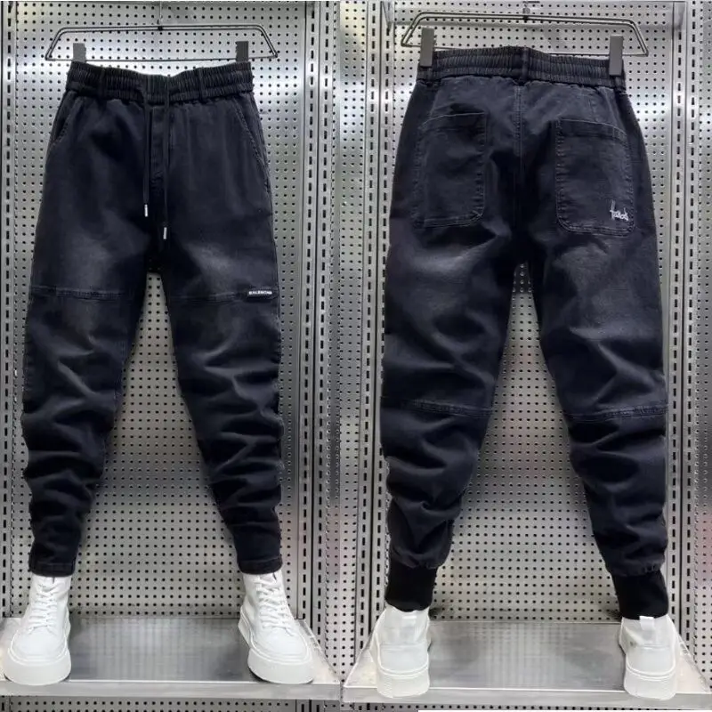

Spring New Men's Bla ey Denim Pants Elastic Cuffed Harem Pants Embroidered Patch Slim Fit Casual Pants Youth Trendy Sle