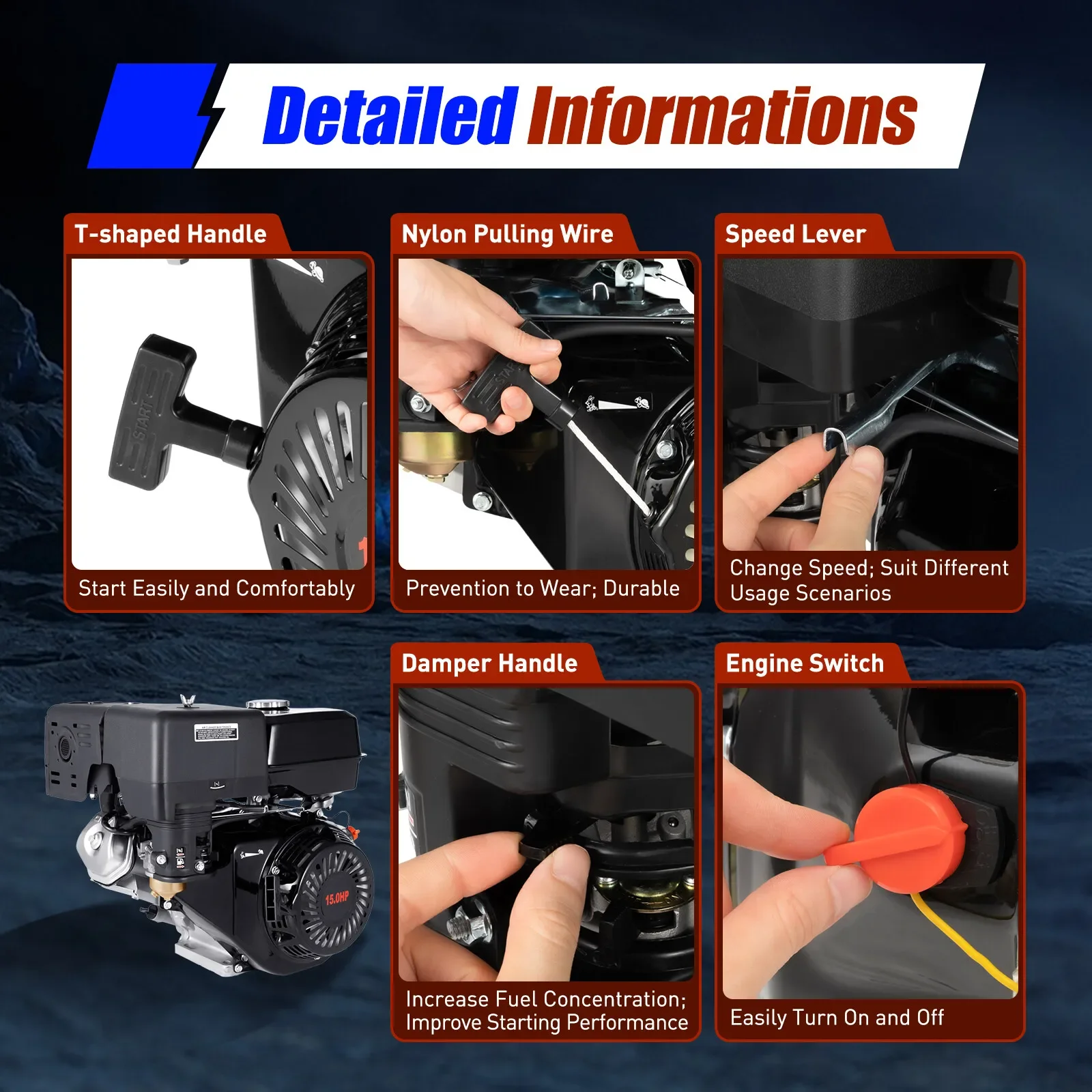 15HP 420CC 4 Stroke Gas Motor Engine OHV Gasoline Motor Recoil Pull Air Cooling