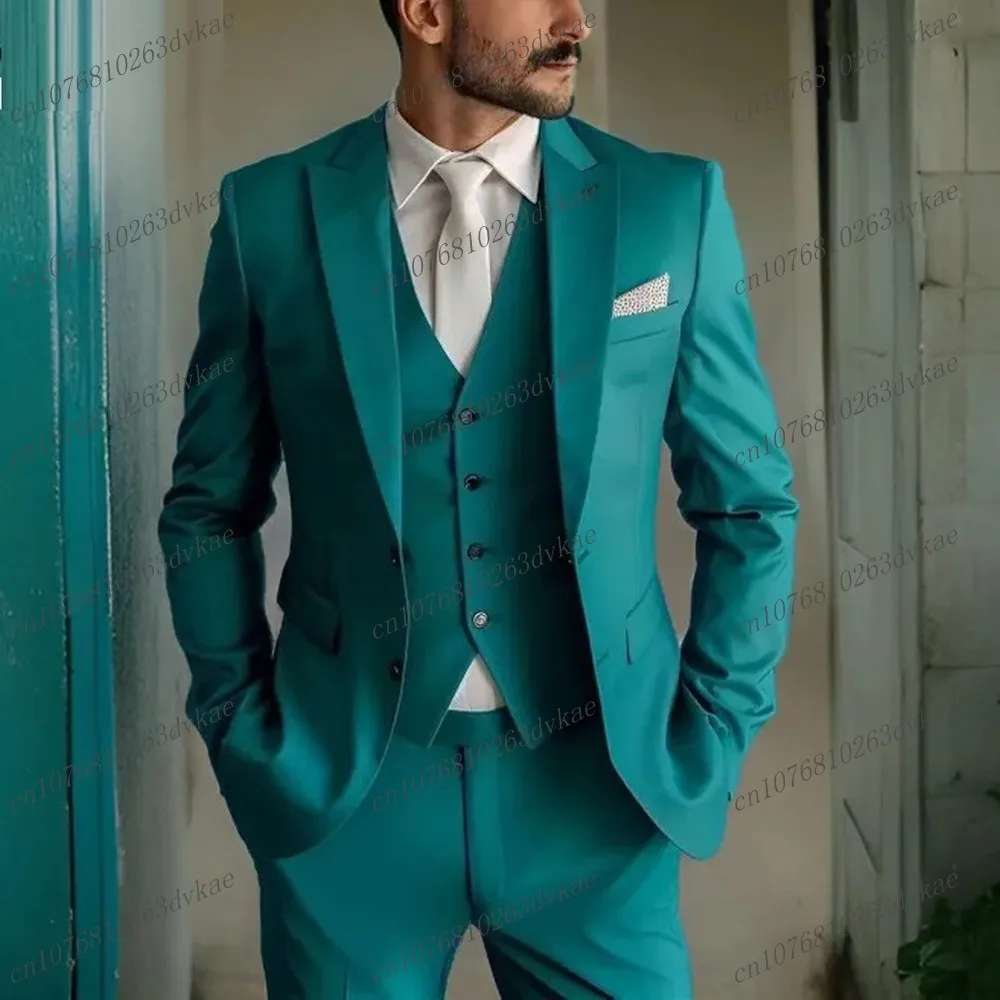 

New Blue Green Business Suit Men Tuxedos Groom Groomsman Prom Wedding Party Formal 3 Piece Set Jacket Vest Pants B48