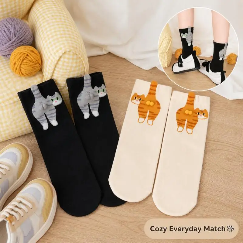 Cute Cat Crew Socks, 3D Pom Pom Tail Knit Socks, Soft Stretchy Novelty Socks for Women