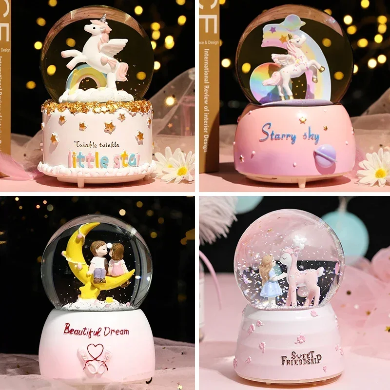 

Dream Girl Unicorn Crystal Ball Music Box Crystal Snow Globe Music Box with Light Wedding Lover Valentine's Day Girlfriend Gifts