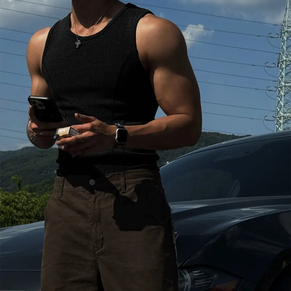 Mens Ribbed Sleeveless Tank Top Activewear Fitness Sports Bodybuilding Vest Breathable Quick-drying Elastic Undershirt Gym Top image 4