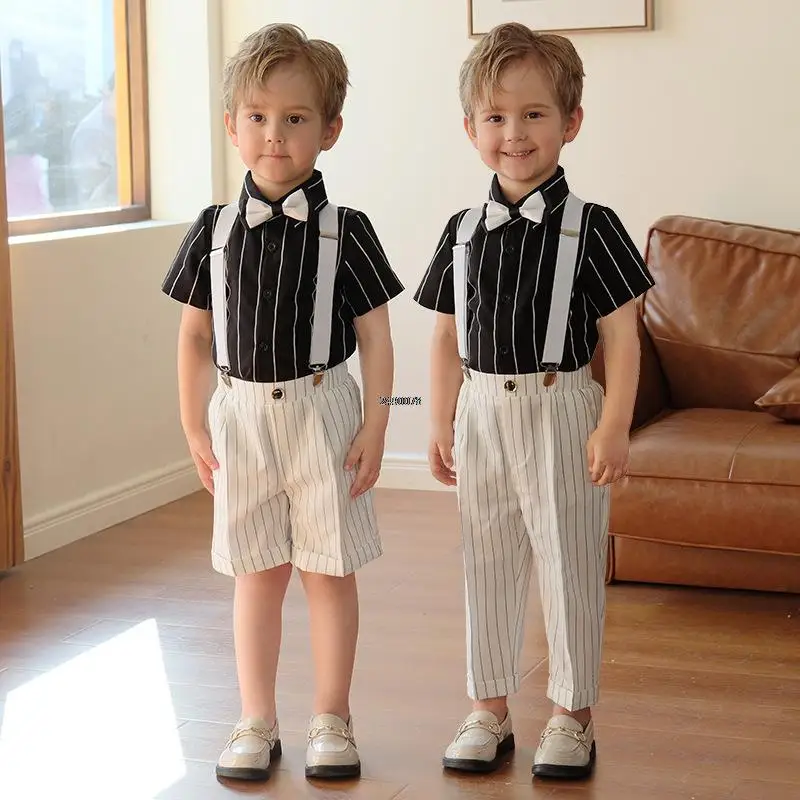 

Baby Boys Summer Photograph Dress Children's Day White Stripe Performance Suit Kids Formal Graduation Ceremony Show Tuxedo Wear