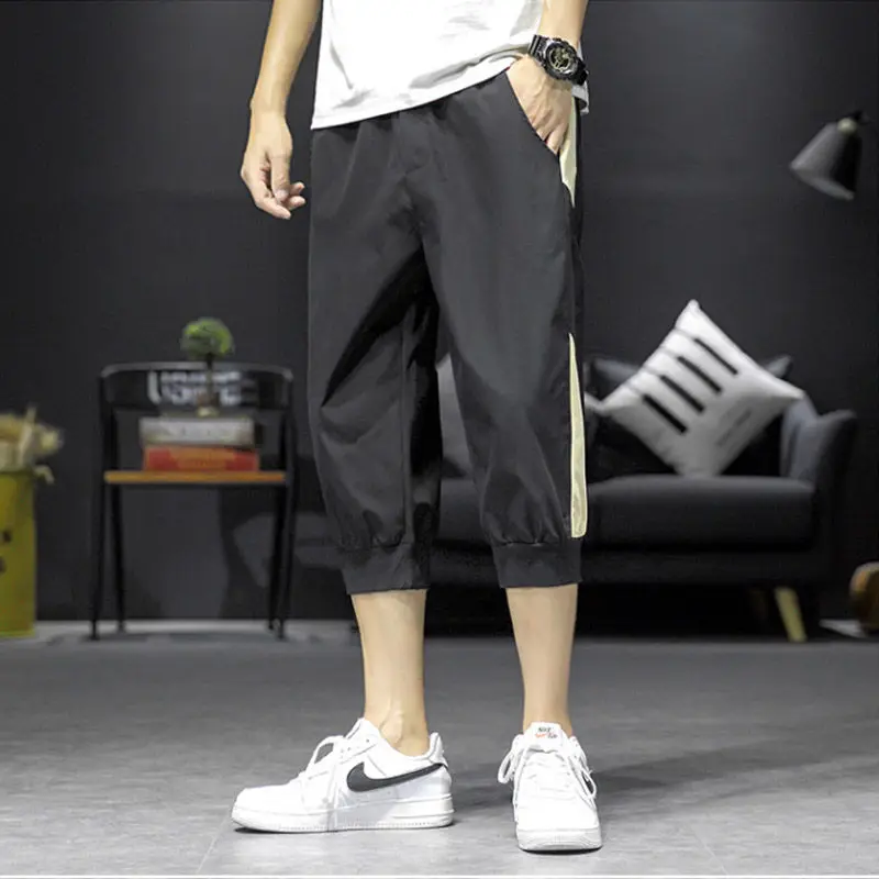 Summer Men Workwear Stripes Trendy and Versatile Casual Sports Thin Style Tying Feet Cropped Pants