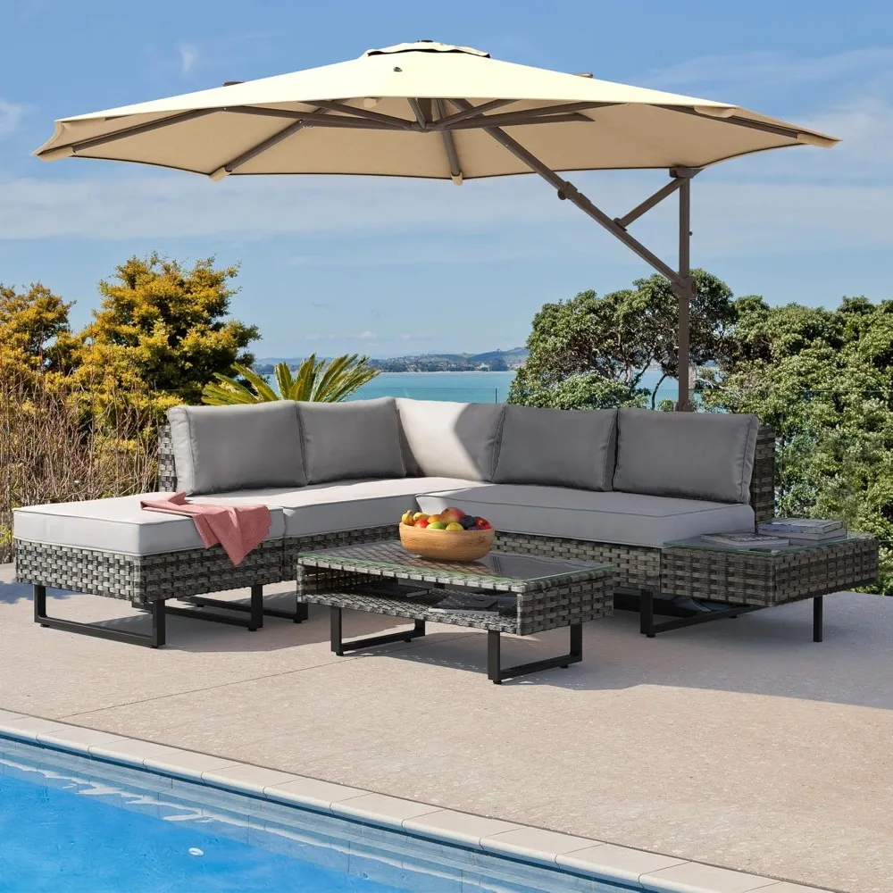 4 Pieces Patio Furniture Set, PE Rattan Sectional L-Shaped Sofa for Patio Backyard Poolside Porch, Wicker Conversation Set