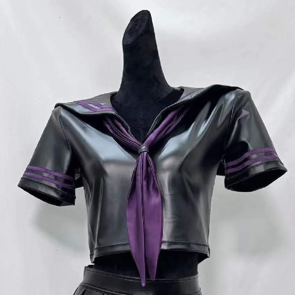 Women Glossy PU Leather 3/piece Set Cosplay School Uniform Black Purple Trim Short Sleeve Crop Top Pleated MiniSkirt Party Stage