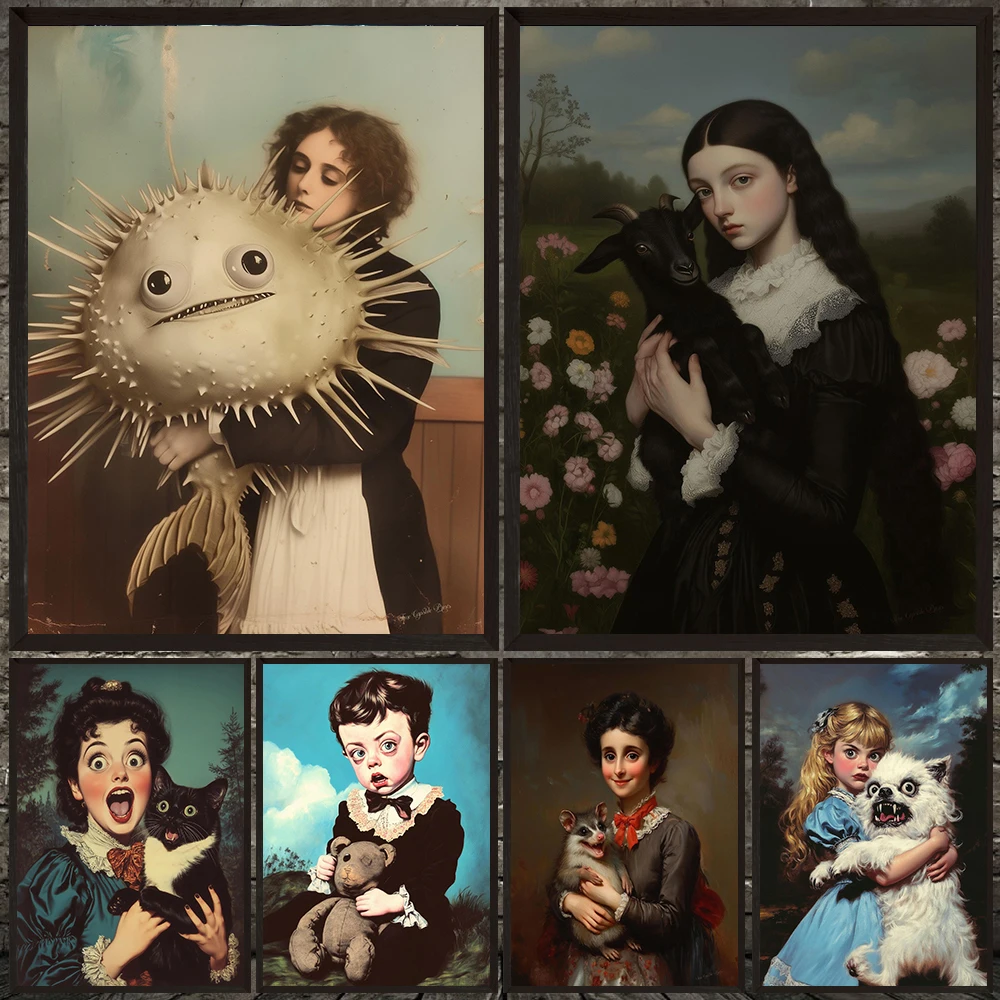 

Surprised Woman And Pet Surreal Fantasy Wall Art Canvas Painting,Whimsical Eerie Art Vintage Poster Print Home Decor Unframed