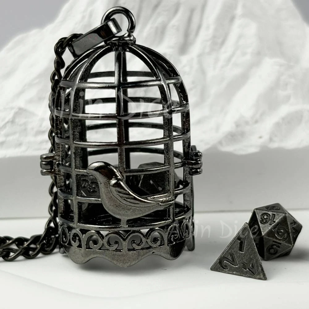 Metal Dice Mini Metal Birdcage with 7pcs DND Dice set Necklace Polyhedron Dice Set for Dungeons and Dragon RPG Role Playing Dice