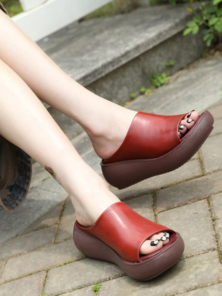 Thick Heel Casual Leather Women's Slippers Summer Outdoor Wear Fish Mouth Mom Shoes Sweet Style Sponge Insole Arch Support