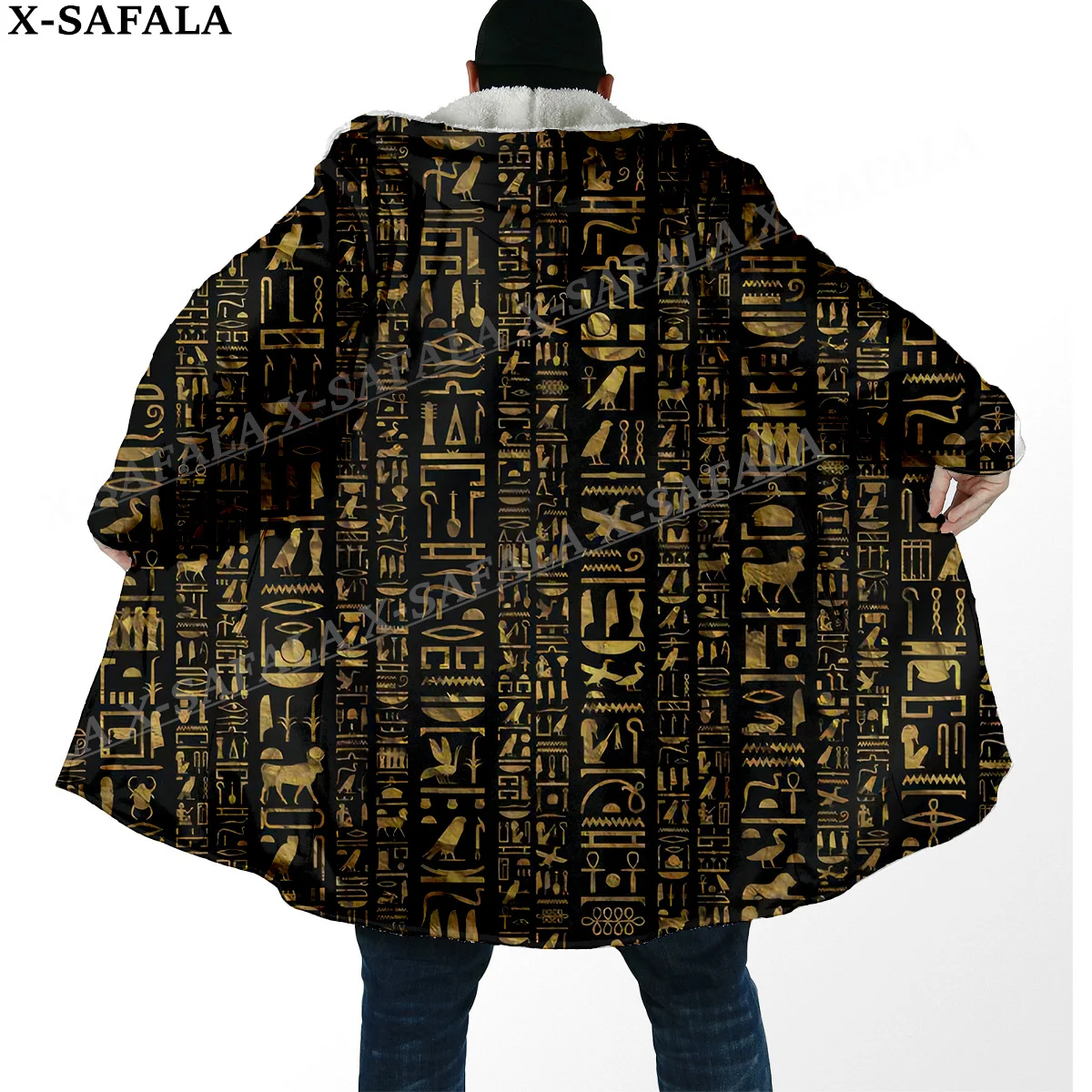 Pharaoh Ancient Egyptian Cat Print Thick Warm Hooded Cloak Men Overcoat Coat Windproof Fleece Cape Robe Hooded Blanket-10