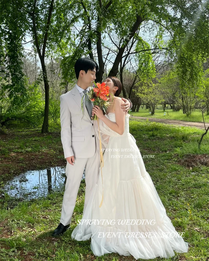 SPRAYING-vestidos de novia sencillos de tul suave, línea A, Corea, escote en forma de corazón, plisado, largo hasta el suelo, corsé, vestidos de novia con espalda descubierta personalizados