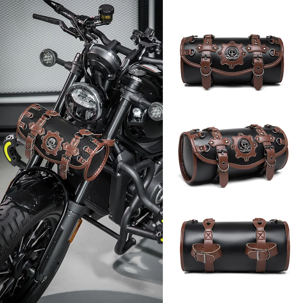 

Motorcycle Fork Bag Universal Luggage PU Leather Saddle Bag, Punk Retro Handlebar Bag Universal Outdoor Riding Tool Kit