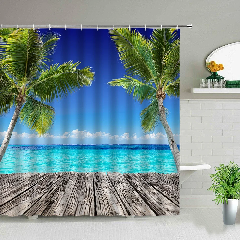 Sunny Beach Palm Tree Printed Fabric Shower Curtains Sea Ocean Scenery Bath Screen Waterproof Products Bathroom Decor With Hooks