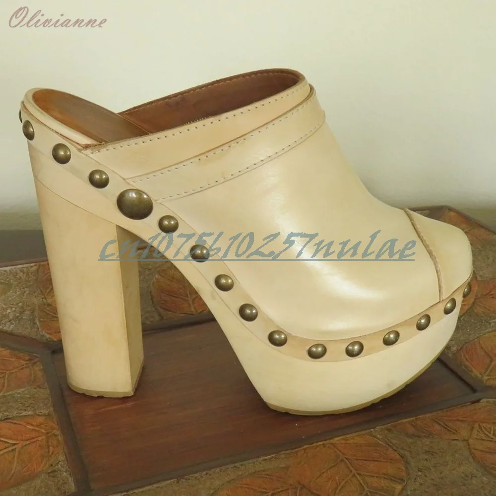 

Beige Side Round Rivets Decor Round Toe Slippers Leather Chunky High Heel Party Fashion Women Shoes 2025 Summer New Para Mujere