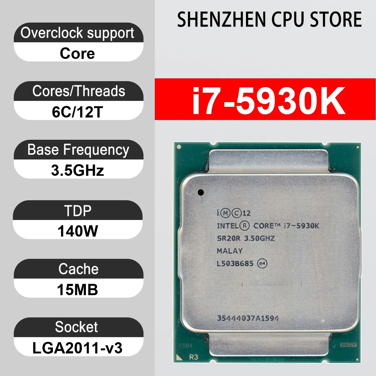 Intel Core i7-5930K 6 Core 12 Thread 3.50GHz 140W 15MB Cache 22nm LGA2011-v3 SR1XV DDR4-2133 MHz Haswell-E
