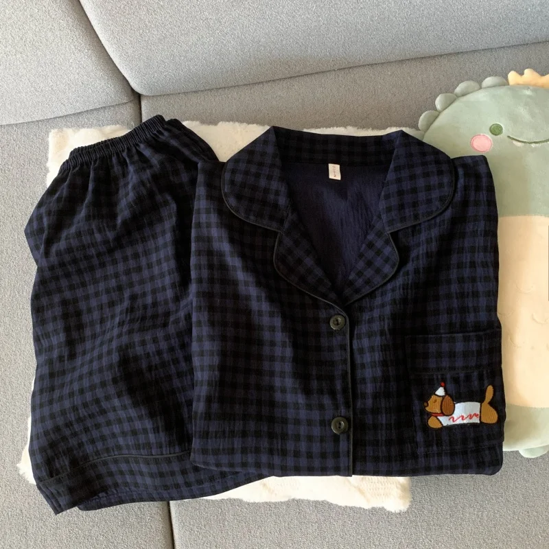 Stickerei Hund Nachtwäsche Mode Niedlichen Pyjamas Set für Frauen Plaid Revers Elastische Taille Design Pyjamas Kurze Casual Nachtwäsche