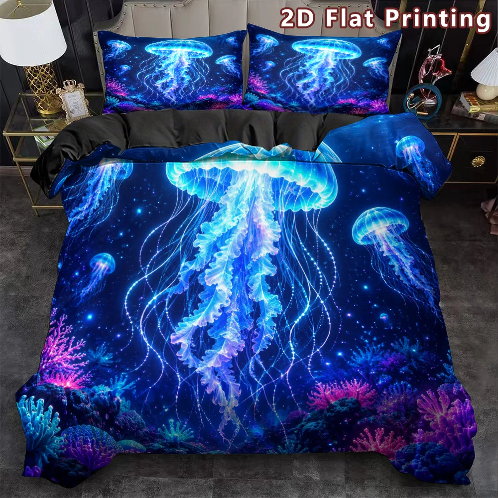Jellyfish Duvet Cover Full King Size Underwater Ocean Creatures Comforter Cover Cute Jellyfish Marine Life Pattern Bedding Set