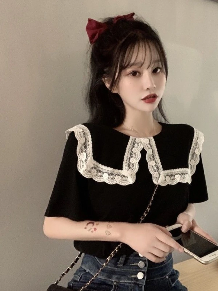 Lace Black Top for Woman Cute Kawaii Short Sleeve Women's Shirts and Blouses Clothing Elegant Youth Vintage Simple Cheap Stylish