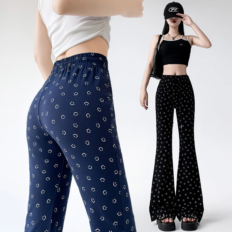 

Smiling face micro flared pants for women in spring/summer 2024, high waisted elastic micro flared casual yoga pants