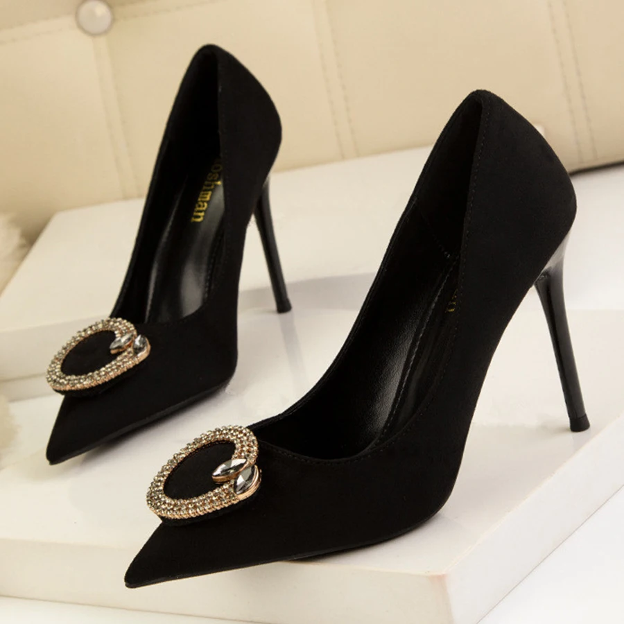 

Luxury Diamond Women Pumps Suede High Heels Lady Pointy Toe Office Shoes Stiletto Slip On Sexy Crystal Party Wedding Shoes Woman