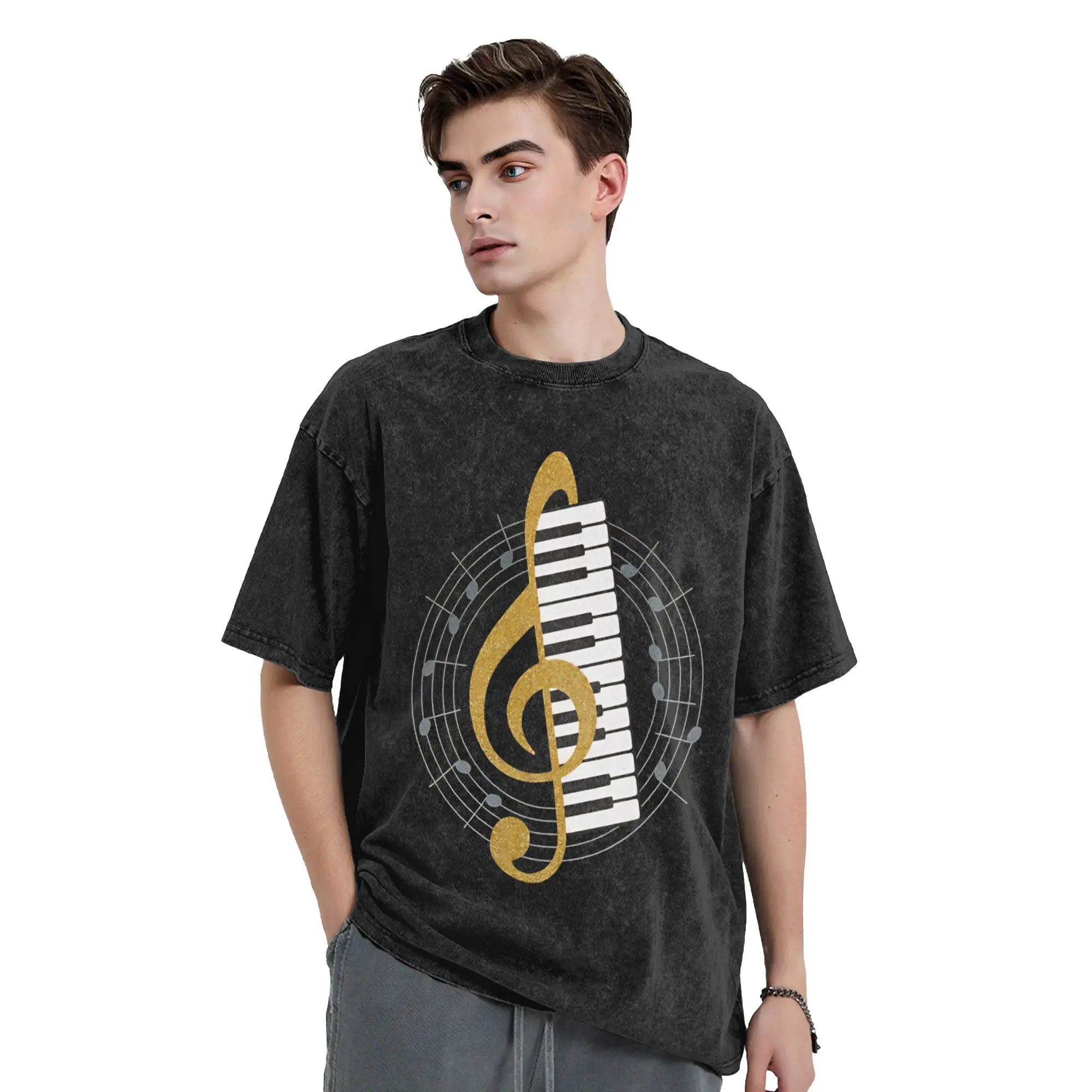 Vintage Washed T-Shirt Piano Key Treble Clef  Cotton T-Shirts  Trending Tshirt for Male Summer Y2K Funny Custom DIY Top Tees