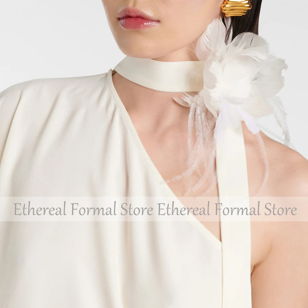 Gaun Malam Wanita Gading Elegan Gaun Pesta Formal A Line Gaun Prom Panjang Selantai Gaun Arab Saudi Ruffle Satu Bahu