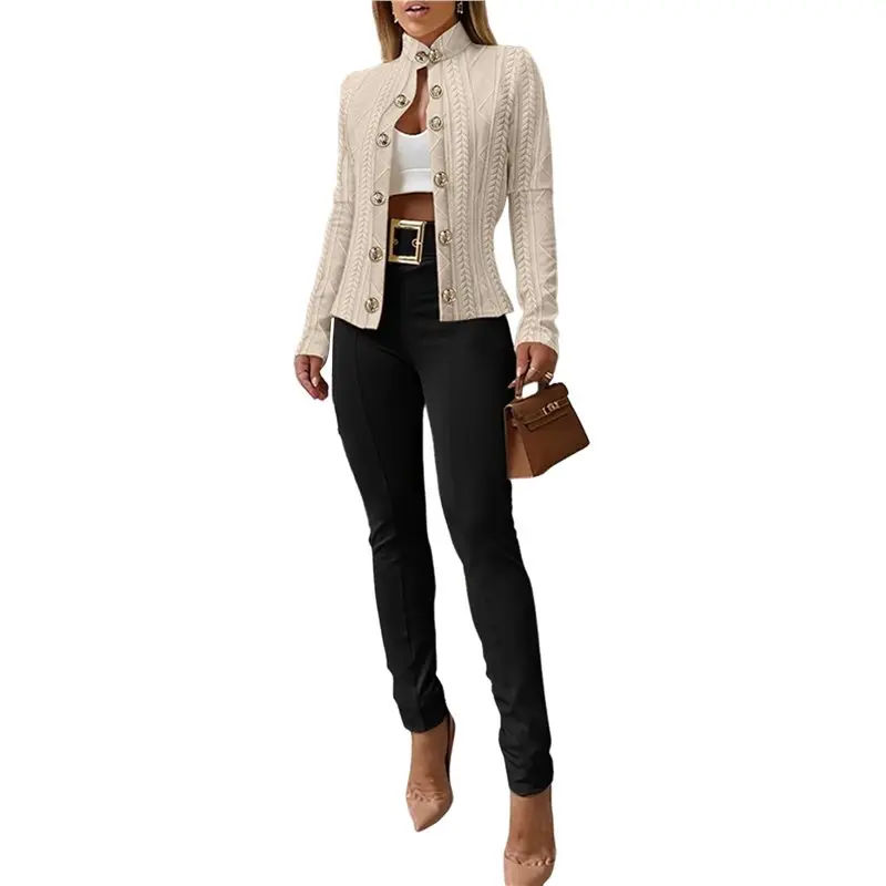 

TKOH-Женский кардиган Argyle, легкое укороченное пальто с воротником-стойкой и длинными рукавами, осенние куртки с металлическими пуговицами