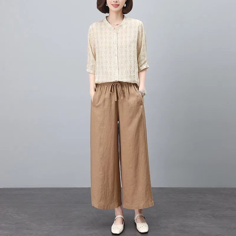 طقم مكون من قطعتين من السراويل ذات الساق الواسعة من القطن والكتان للأم الصيفية، ملابس كاجوال مريحة تسمح بمرور الهواء للنساء #2