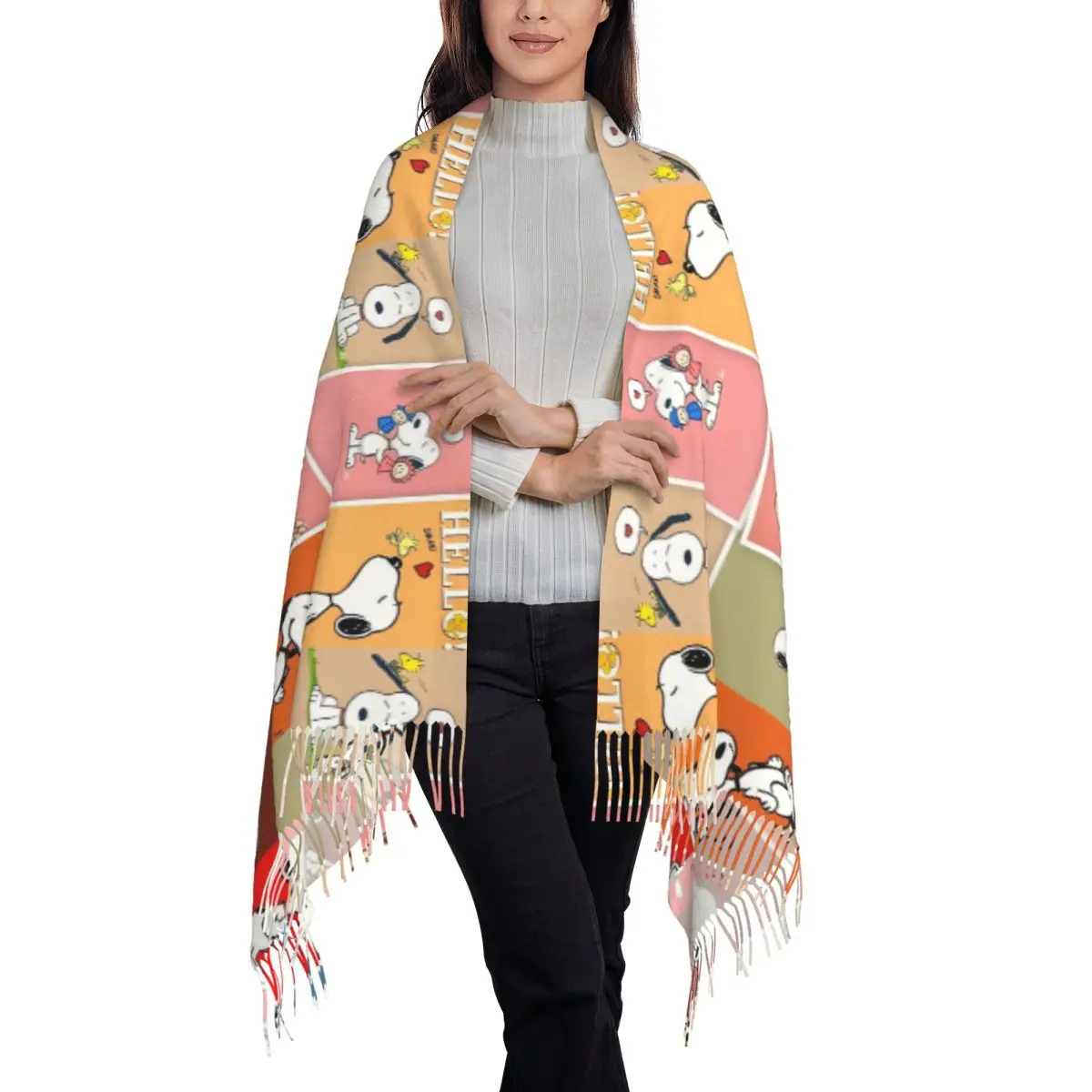 Custom Snoopy Peanuts Collage Scarf with Tassel Warm Soft Shawl Wrap Women Designer Scarves Wraps Winter Popular Foulard