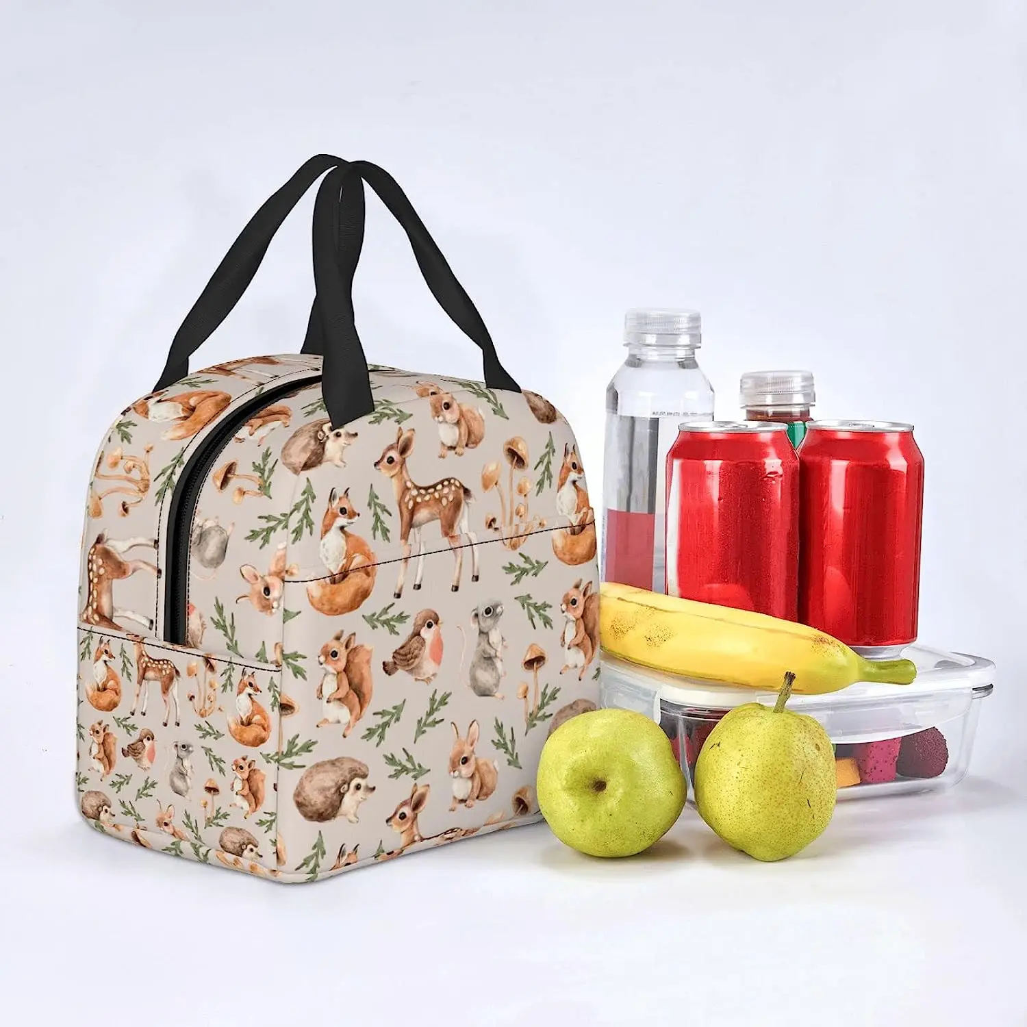 Cute Forest Animals Lunch Bag Compact Tote Bag Squirrel Deer Fox Hare and Hedgehog Reusable Lunch Box Container for School Work