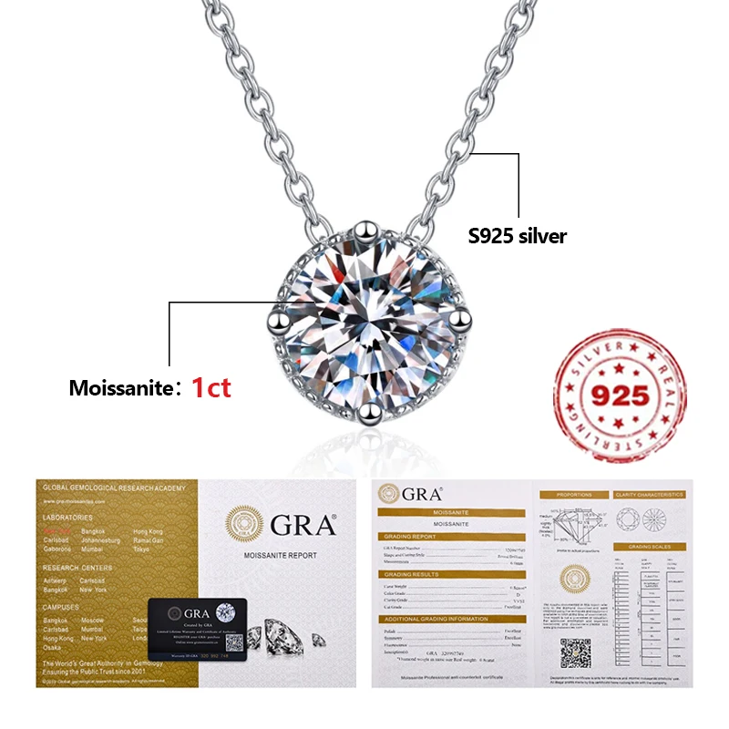 1 Carat MoIssanite Necklaces S925 Sterling Silver Round Pendant For Women Plating Pt950 Design Simple Clavicle Collares Jewelry