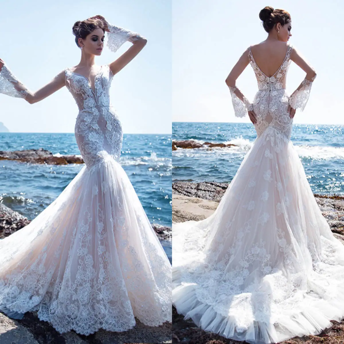 

Кружевное свадебное платье с юбкой-годе, V-образным вырезом и длинным рукавом