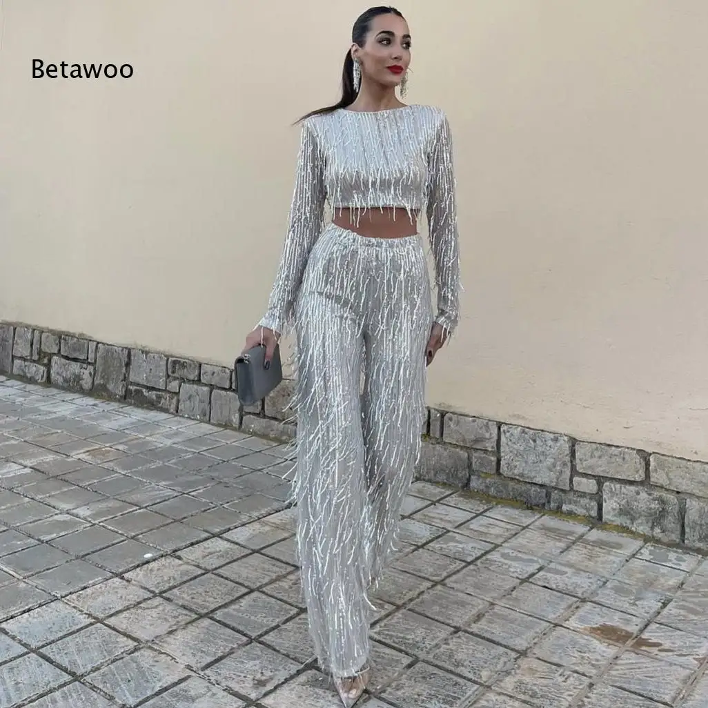 Women Sequin Tassel Long Sleeve Crop Top and Wide Leg Pants Two Piece Set for Club Night Party Evening Wear Occasions