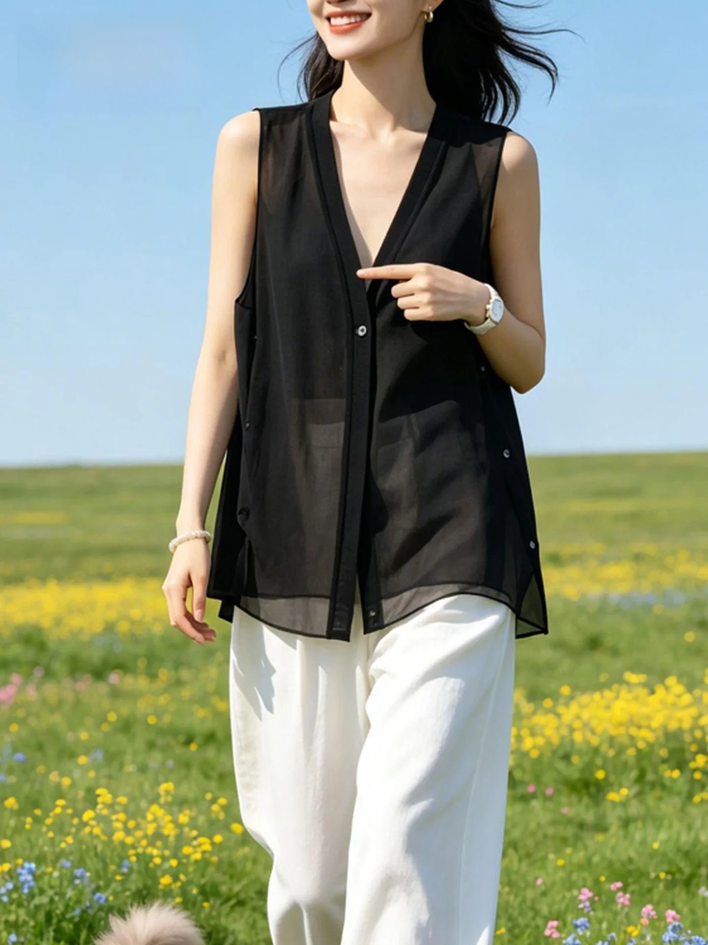 Summer Thin Casual Black Chiffon Vest One Button Tunic Top Women's Style 2026 New Arrival Lightweight Breathable Vest