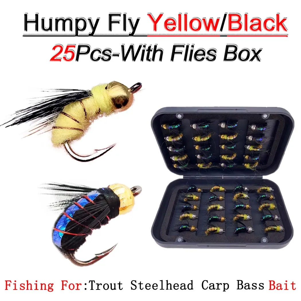 

25Pcs/Box Fishing Lure #8 Realistic Bionic Artificial Humpy Fly Yellow/Black Lure Bait Fishing For Trout Fly Flies Bait Lures
