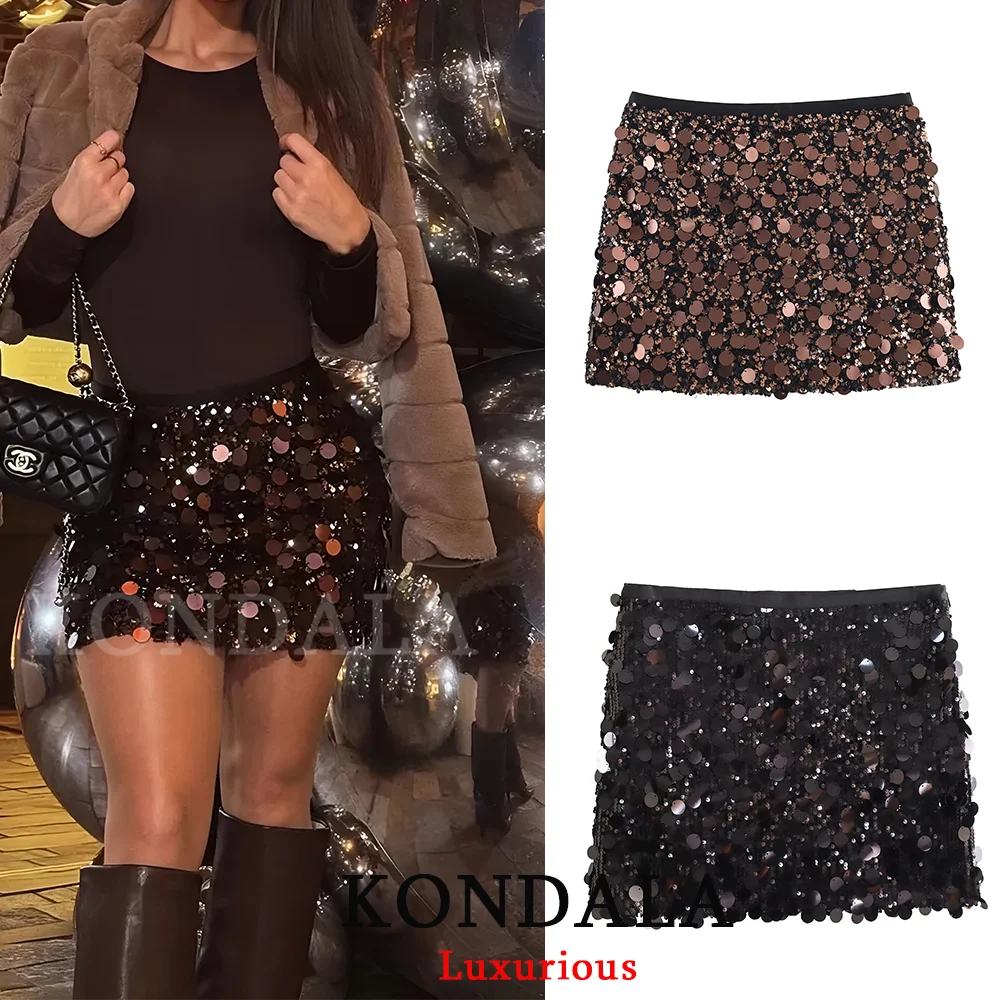 KONDALA Sexy Sequins Mini Party Dress Women High Waist Sheath Evening Club Dress Fashion 2025 Christmas New Year Y2K Girl Skirts