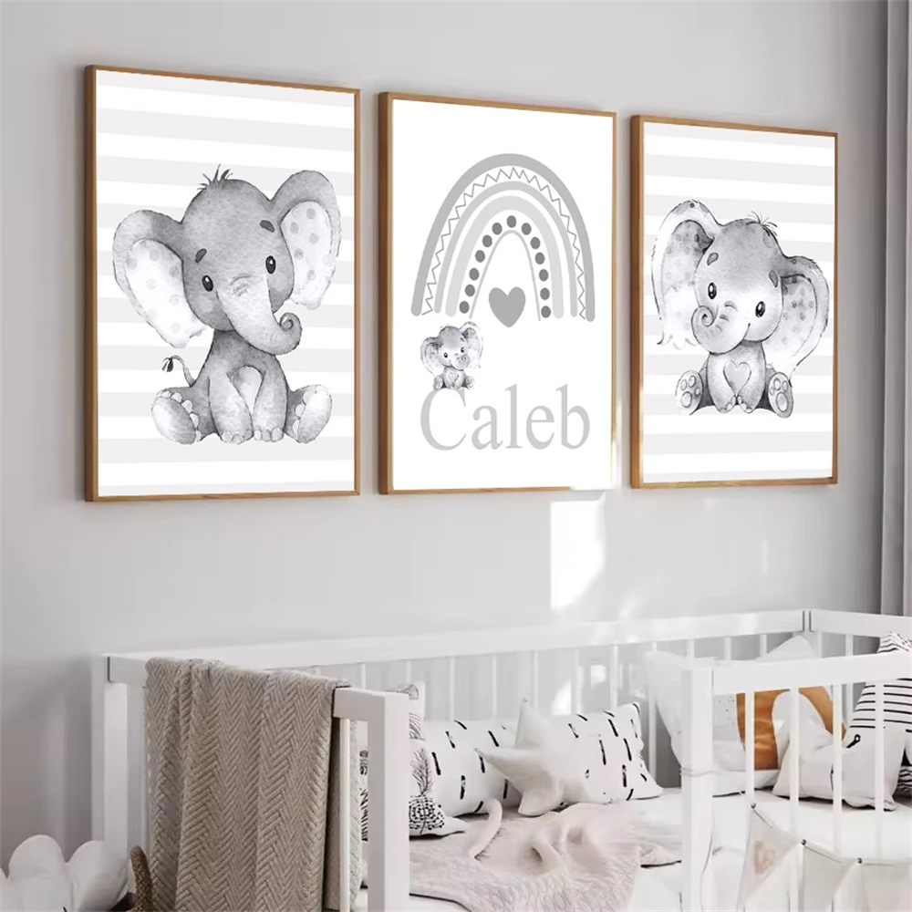 Cartoon Cute Elephant Canvas Art Print Rainbow Custom Name Painting Nursery Poster Nordic Wall Art Picture Baby Kids Room Decor