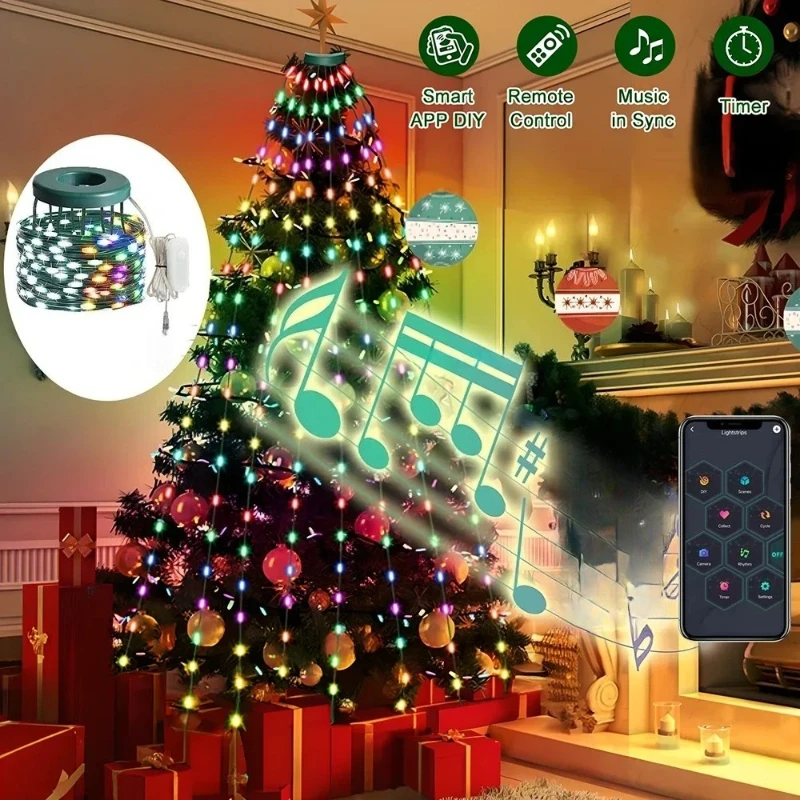 2.1M Christmas Tree LED String Lights App Control Garland LED Star String Waterfall DIY Xmas Tree Lights Festival Decoration