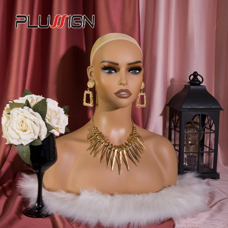 

Pvc Mannequin Head With Shoulder For Wigs LightBrown Skin Wig Head Mannequin With Realistic Make Up Mannequin head wig stand