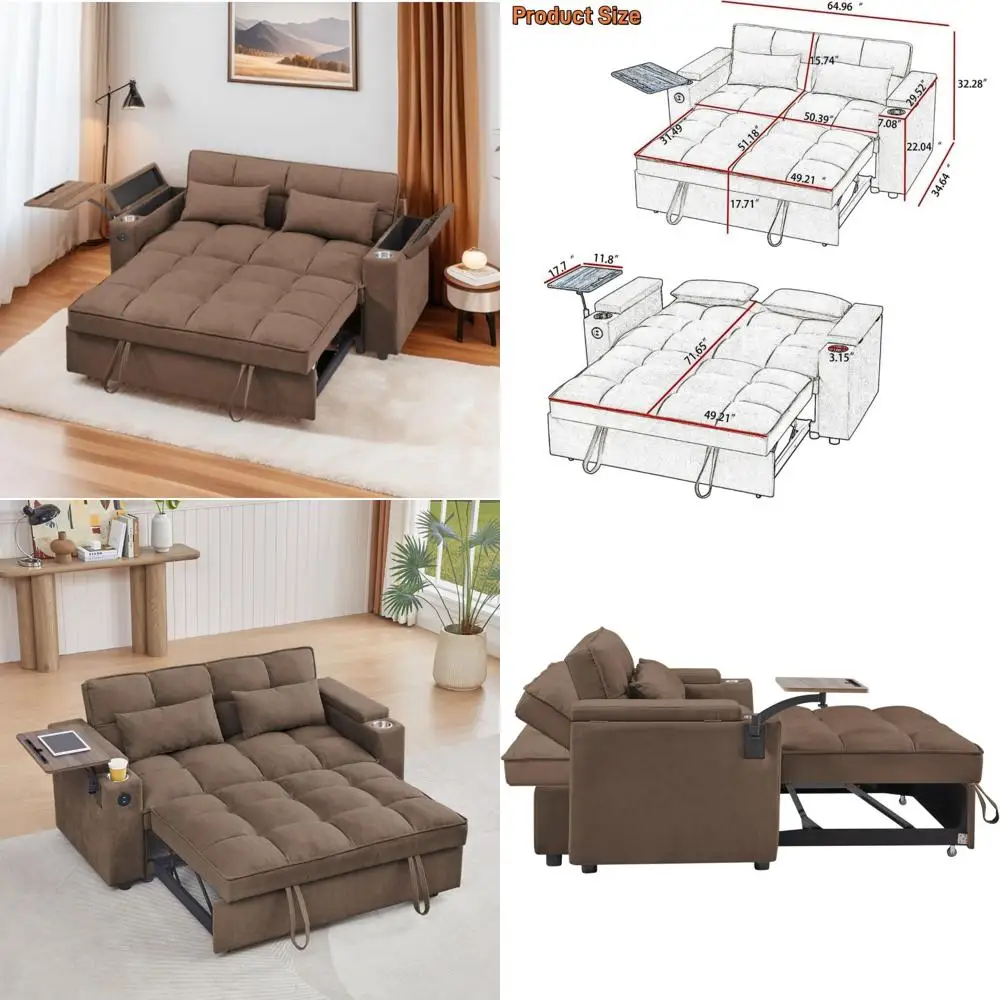 

Convertible Sleeper Sofa Bed 65, 3-in-1 Pull Out Couch with Rotatable Side Table and USB Ports for Living Rooms and RVs