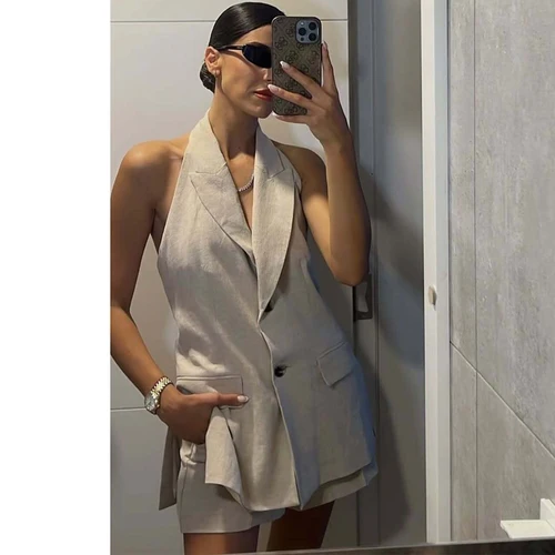 Imagen 2 del producto MUJER-Chaleco sin mangas con cuello Halter para mujer, chaleco con botones, Top con hombros descubiertos, chalecos largos para mujer, chalecos sin espalda para mujer