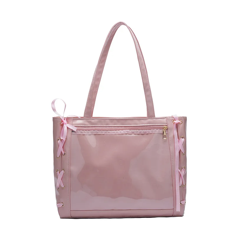 Japanese Popular Ribbon Lta Bag Bow Cute Large Capacity Splicing Transparent Fashion Single Shoulder Portable Tote Bag for Women - view 5