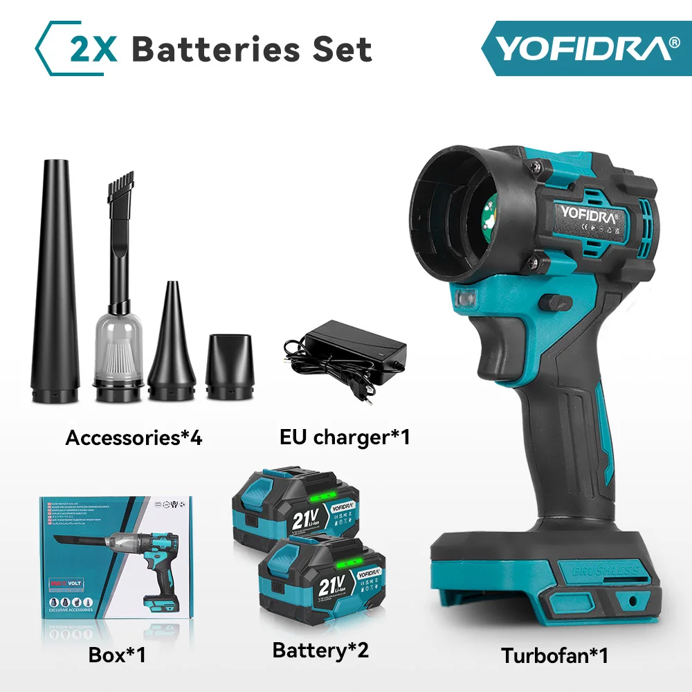 YOFIDRA Borstelloze Elektrische 2-in-1 Turbo Blaas- en Zuigfan & Stofzuiger 1000Pa Bladblazer voor Makita 21V Accu