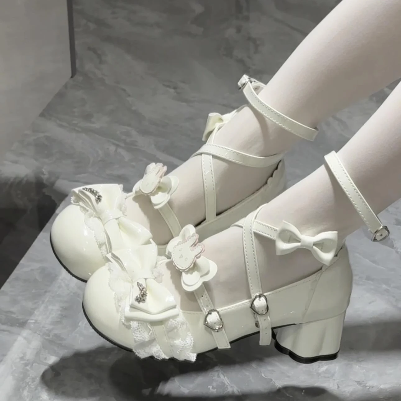 2026 Lovely Girls Lolita Bowknots Rabbit Pumps Shoes,Women Students Cute Cat Claw Heel Ankle Straps Mary Janes